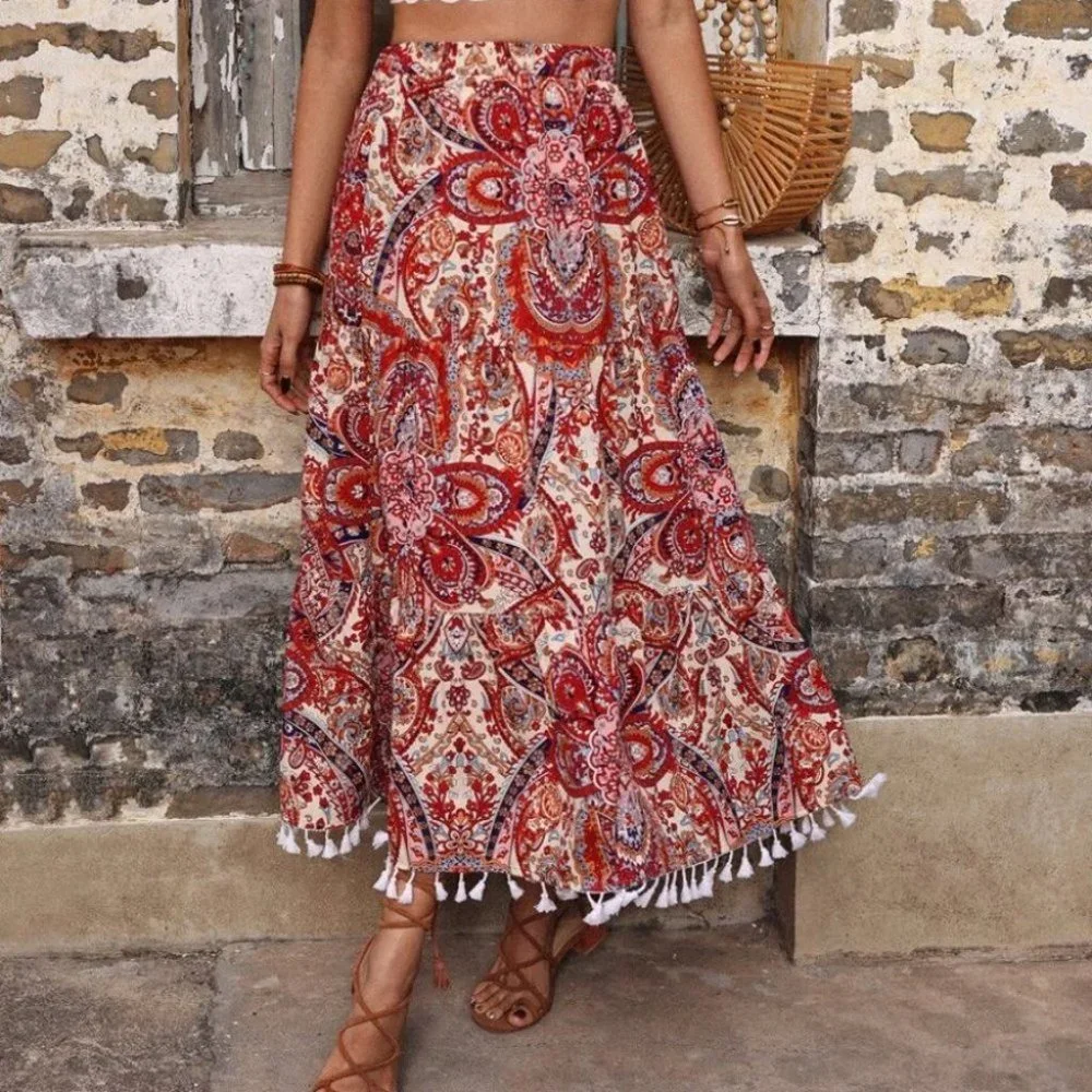 Boho Paisley Floral Skirt Fringe Hem Red - Picture 4 of 7